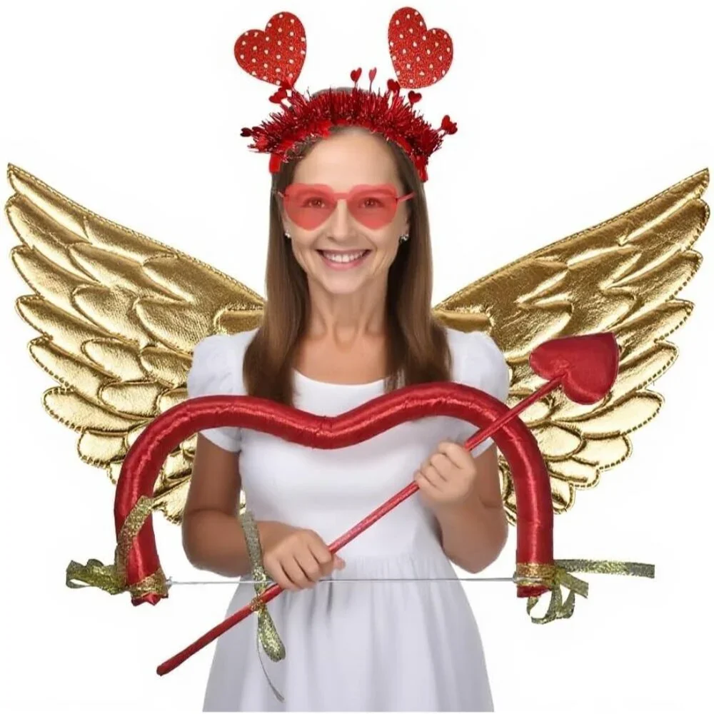 Halloween Cupid Costume Set Angel Wings Heart Headband Sunglasses Women
